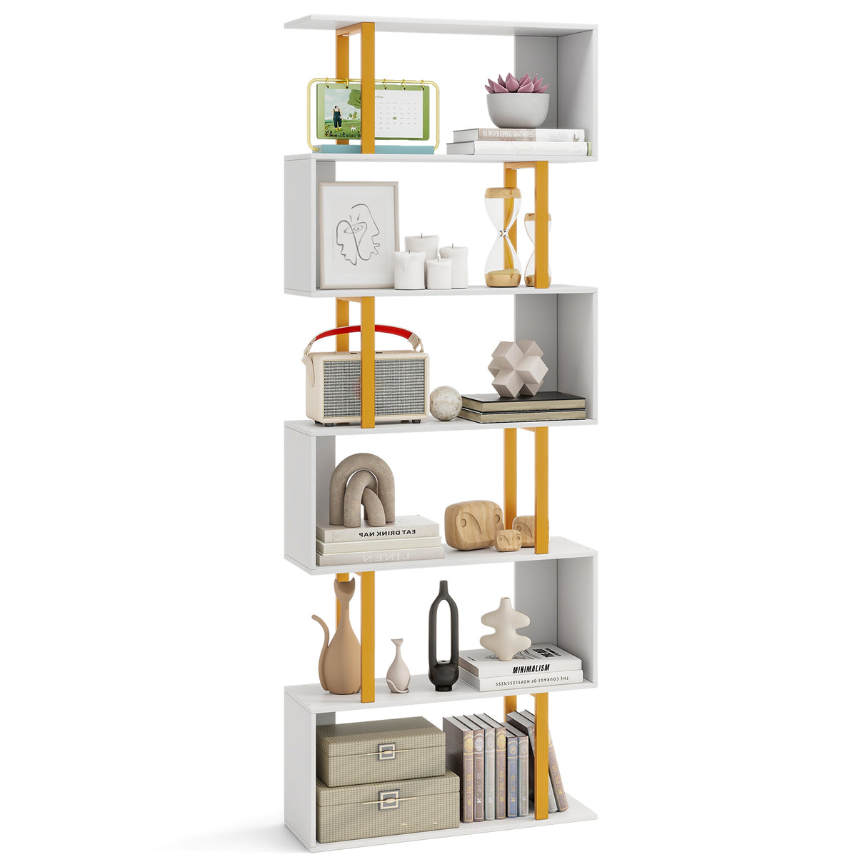 5-Tier/6-Tier Geometric Bookcase with Metal Frame and Anti-tipping Kits-5