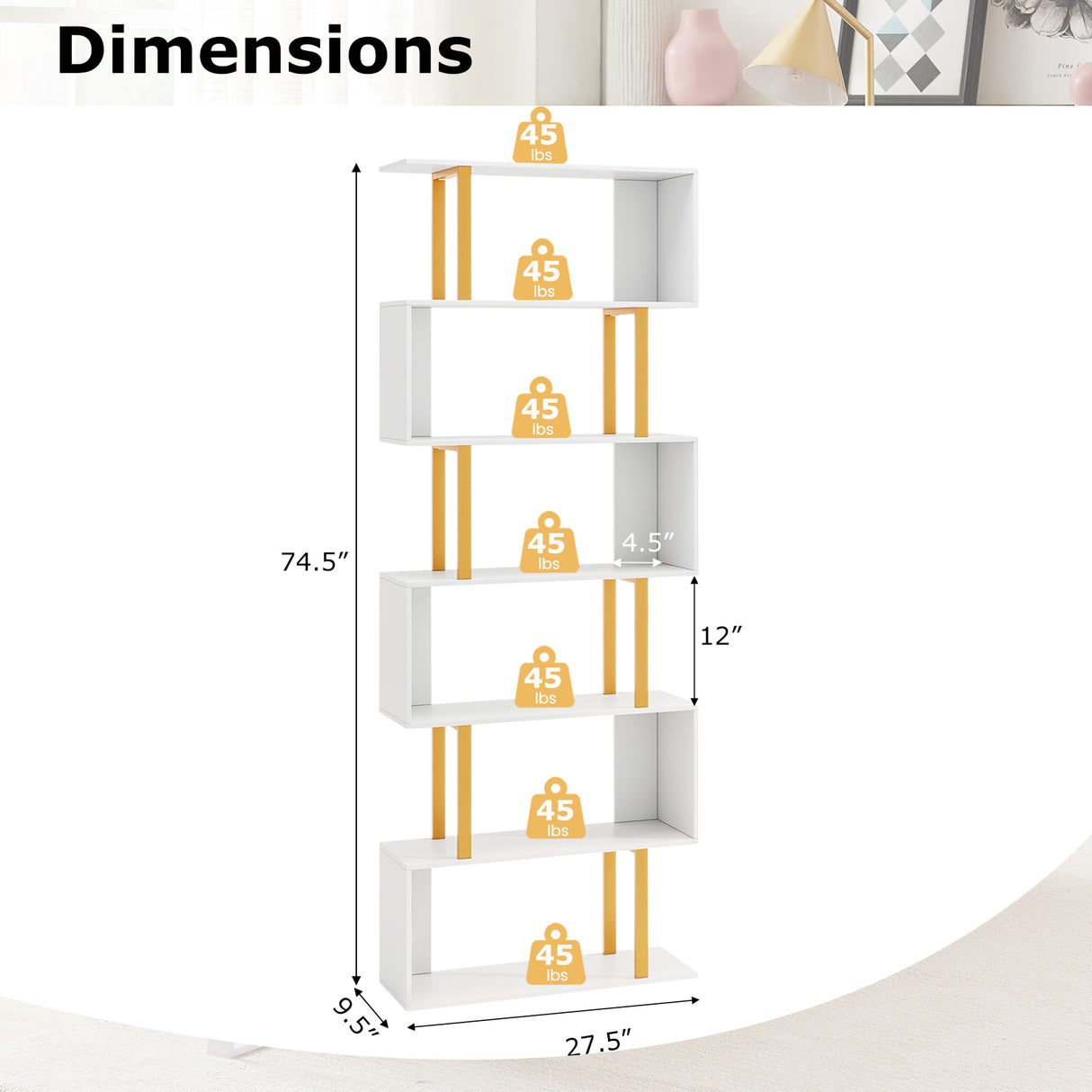 5-Tier/6-Tier Geometric Bookcase with Metal Frame and Anti-tipping Kits-5