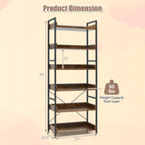 6-Tier Tall Industrial Bookcase with Open Shelves and 4 Hooks-Brown