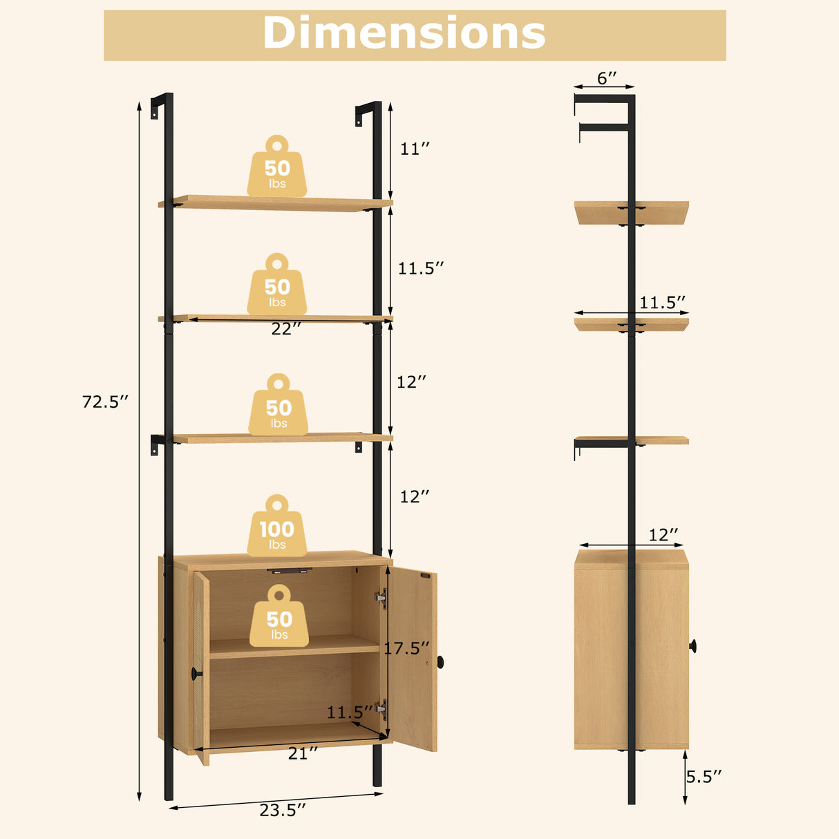 72.5 Inch 6-Tier Wall Mounted Ladder Bookshelf with Rattan Cabinet-Natural