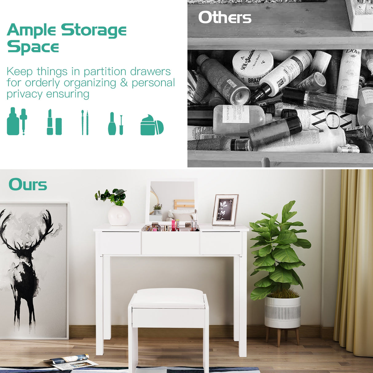 Vanity Makeup Dressing Table Set with Flip Top Mirror and Cushioned Stool-White