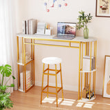 60 Inch Long Bar Table Narrow with Faux Marble Tabletop and Storage Shelves