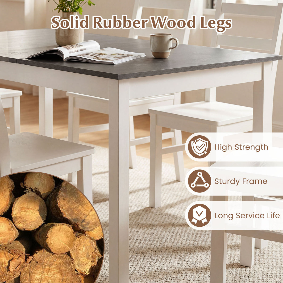 Rectangular Dinner Table with Solid Rubber Wood Legs