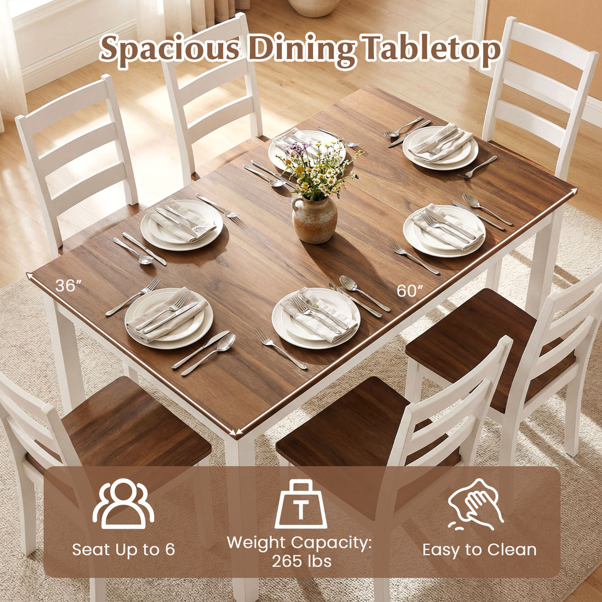 Rectangular Dinner Table with Solid Rubber Wood Legs