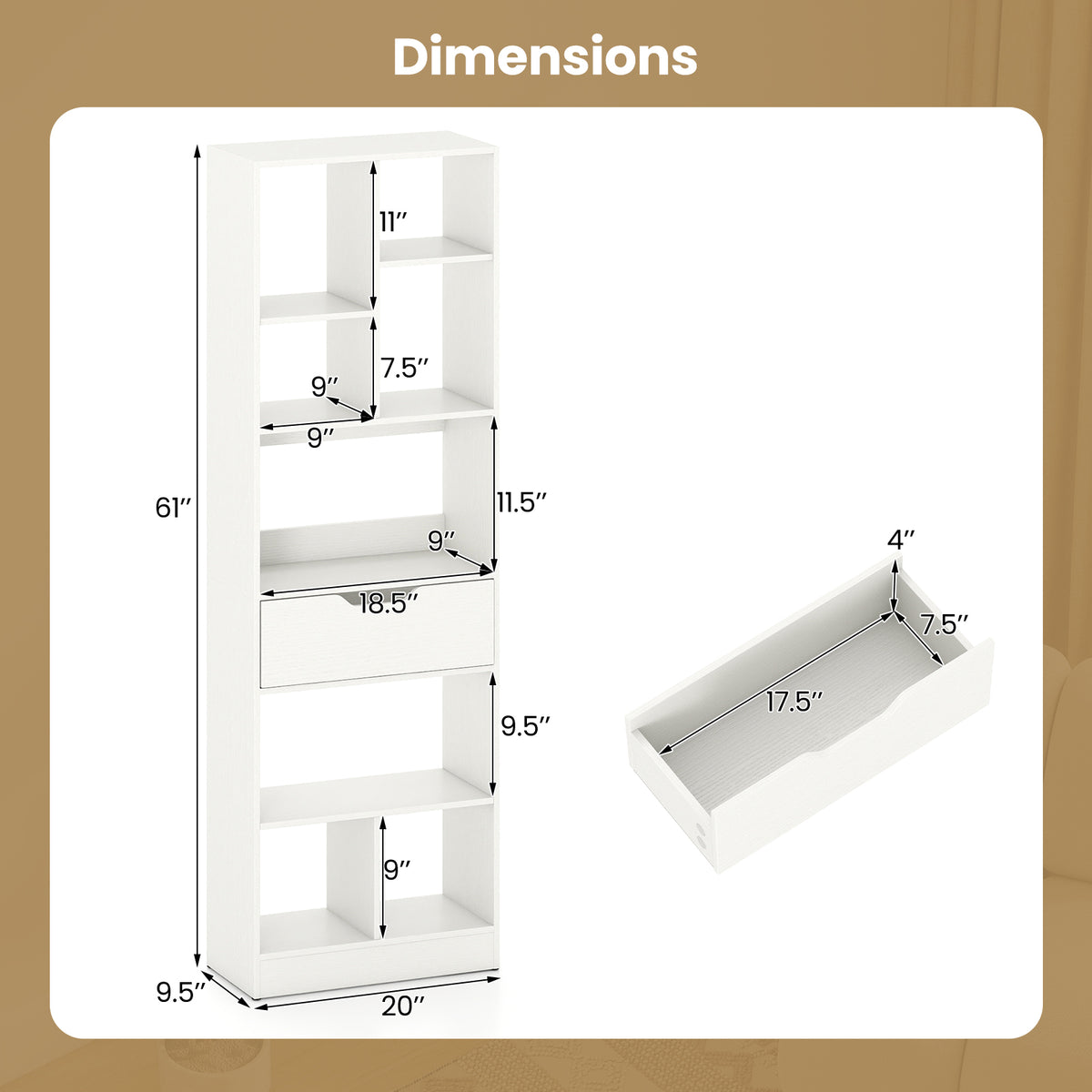 61inch Tall Freestanding Bookcase with Drawer 8-Cube Storage Organizer