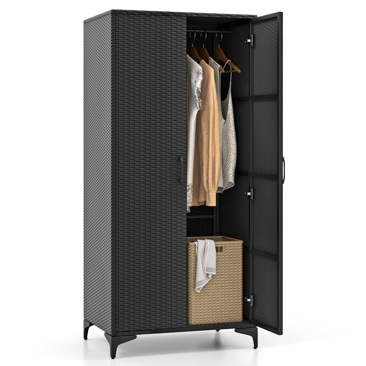 62 Inch Wicker Wardrobe with 2 Doors PE Rattan Closet with Hanging Rod