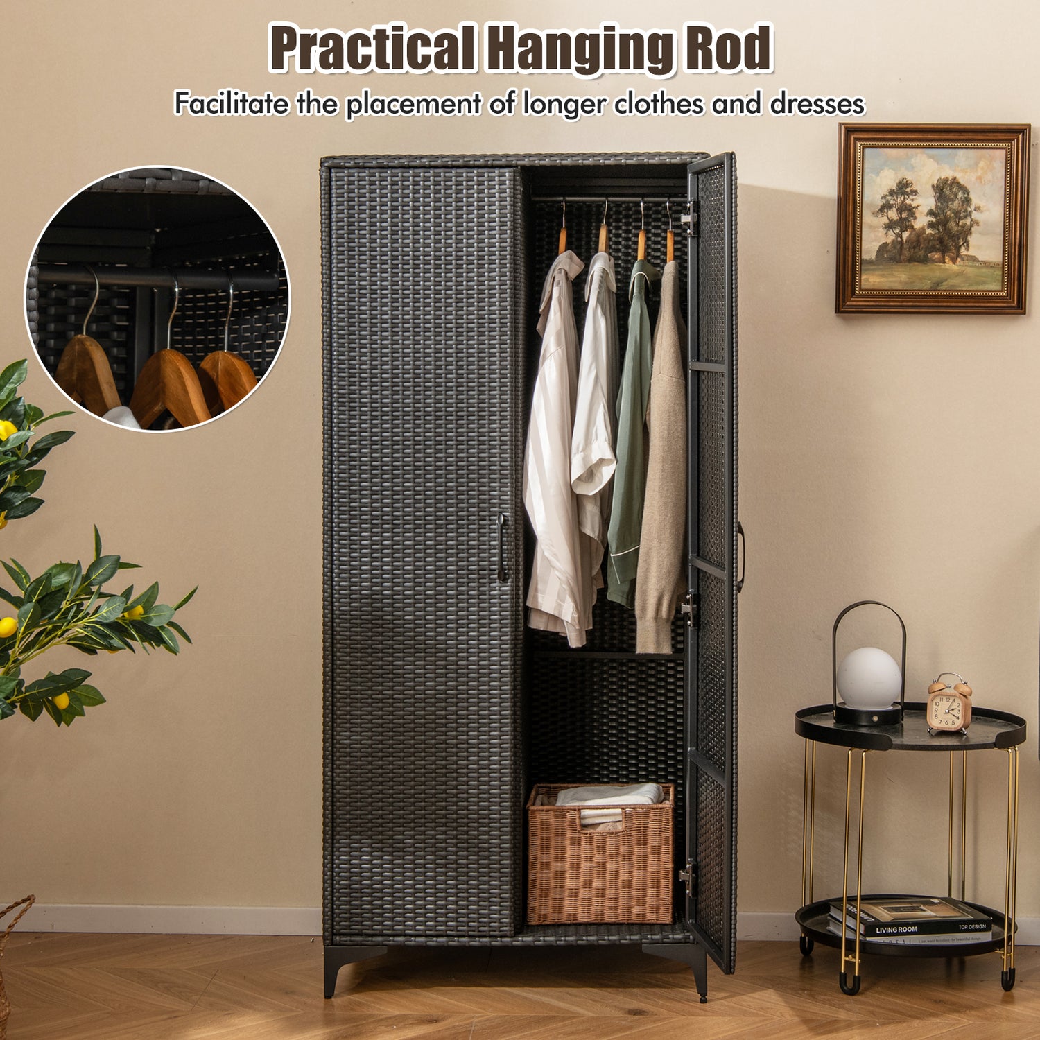 62 Inch Wicker Wardrobe with 2 Doors PE Rattan Closet with Hanging Rod