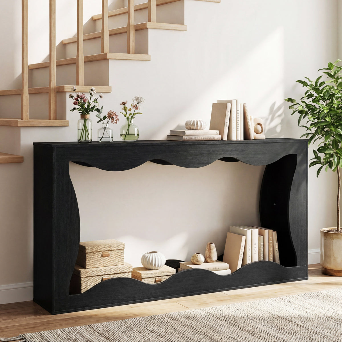 Console Table 2-Tier Narrow Entryway Table with Wavy Edge Storage Shelf