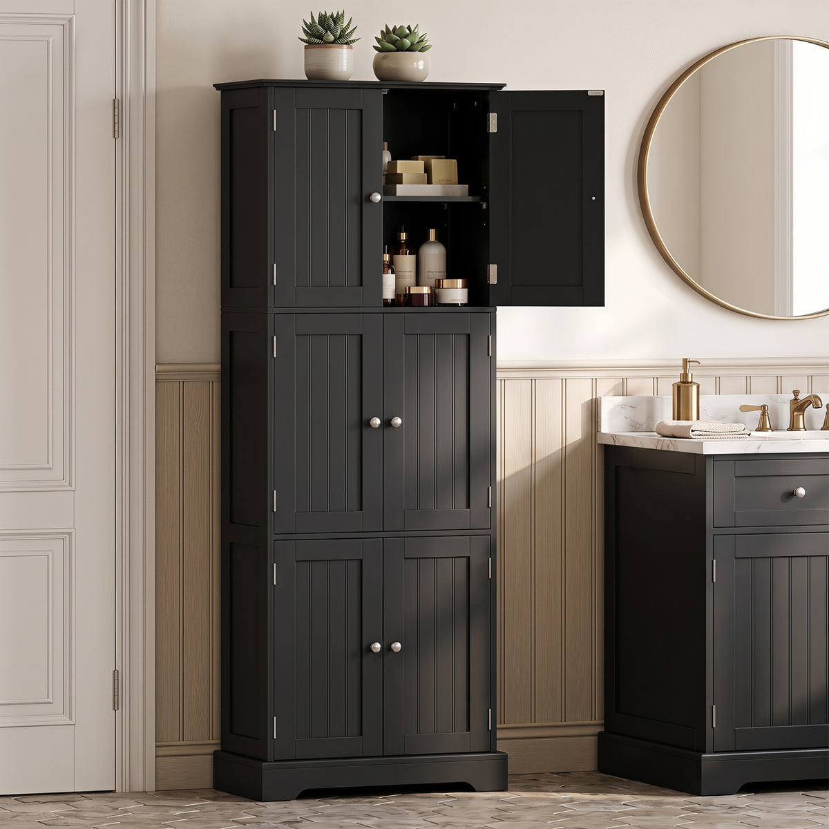 63 Inch Tall Bathroom Storage Cabinet with 6 Doors and Adjustable Shelves