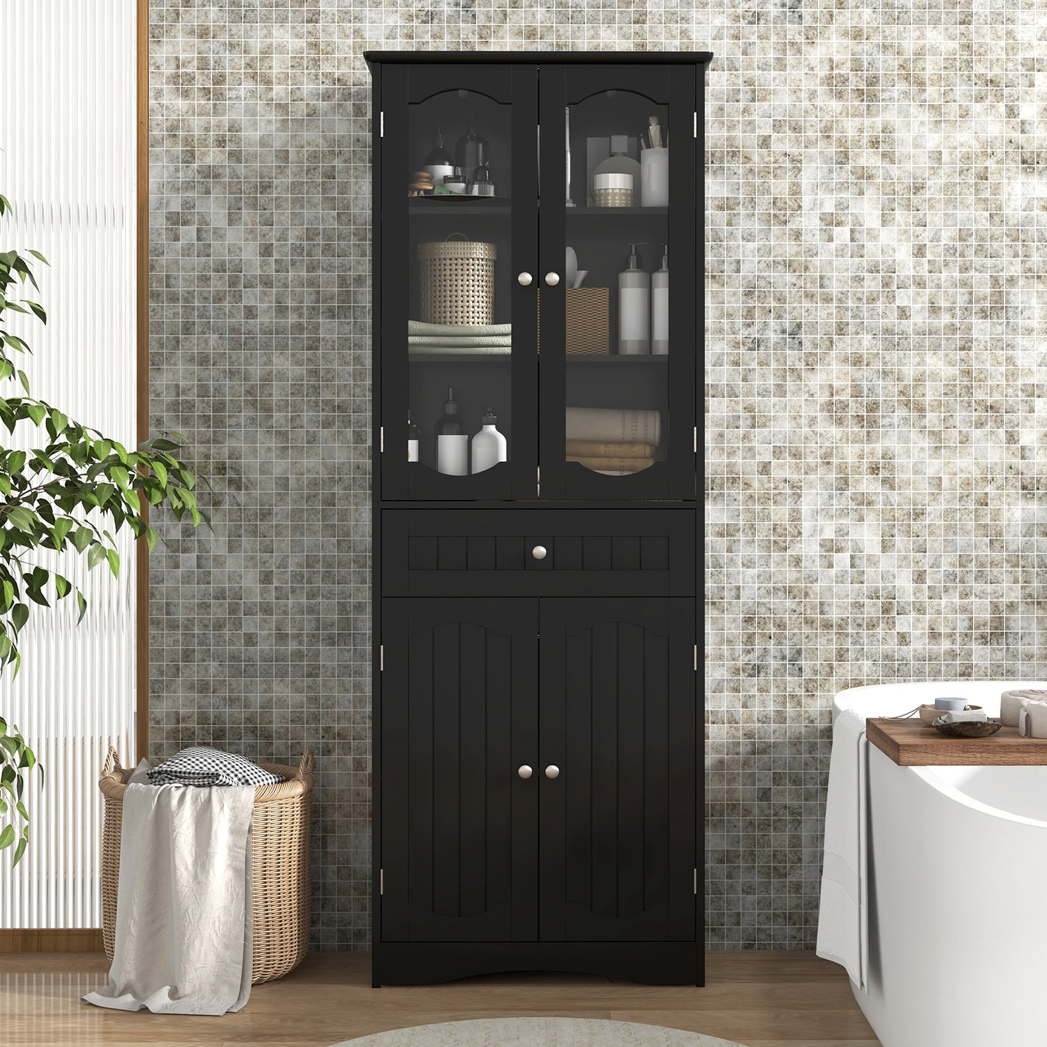 63 Inch Tall Bathroom Storage Cabinet with 2 Glass Doors and Adjustable Shelves