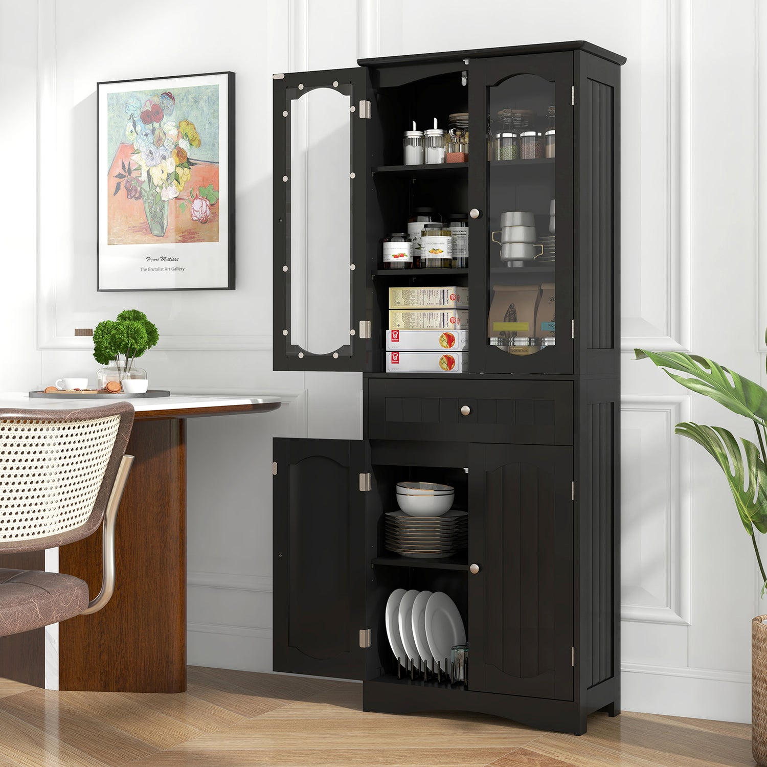 63 Inch Tall Bathroom Storage Cabinet with 2 Glass Doors and Adjustable Shelves
