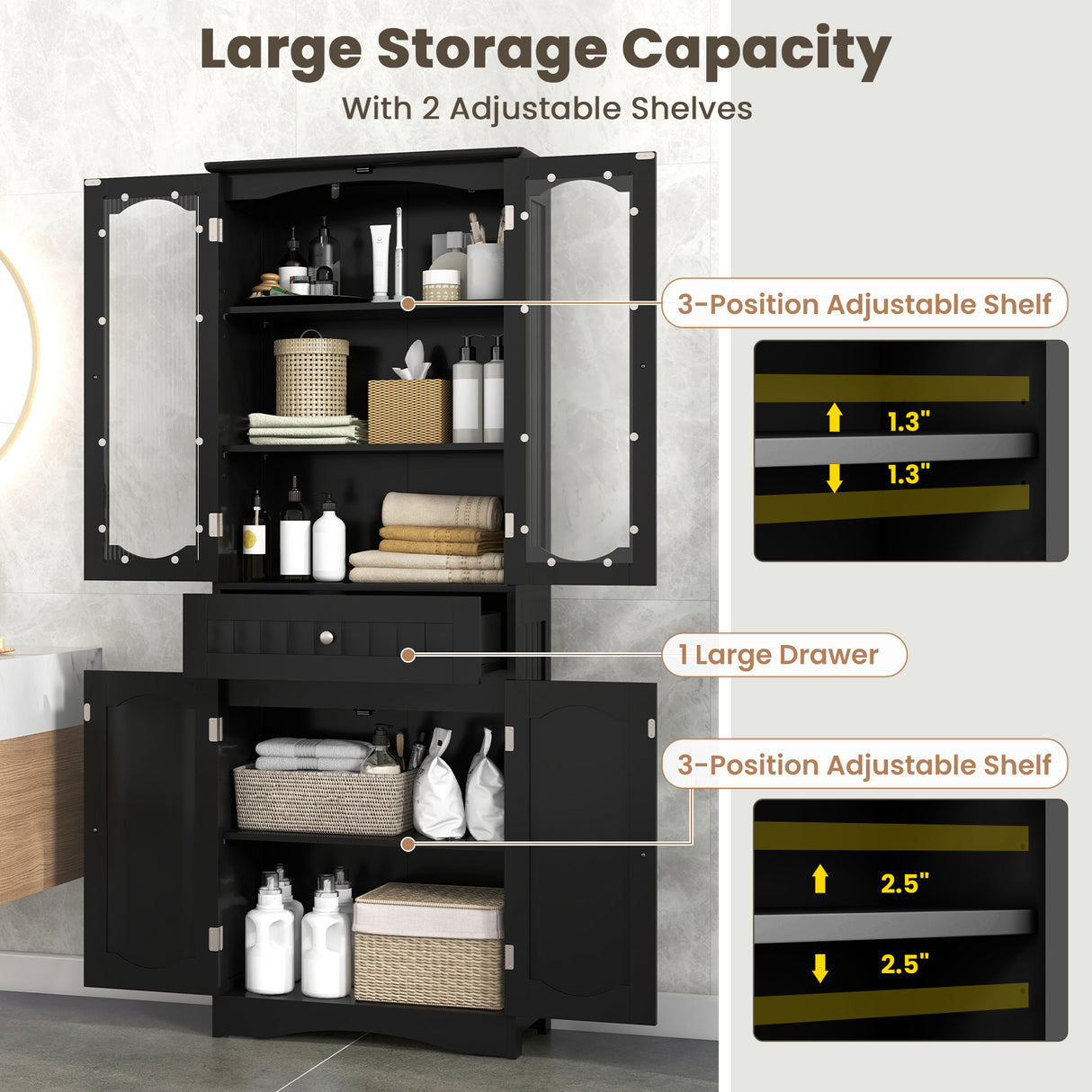 63 Inch Tall Bathroom Storage Cabinet with 2 Glass Doors and Adjustable Shelves