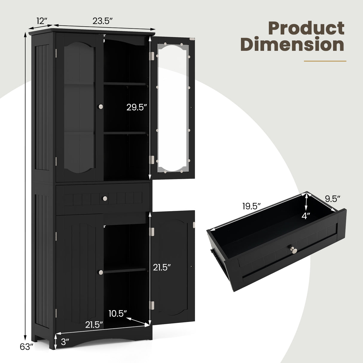 63 Inch Tall Bathroom Storage Cabinet with 2 Glass Doors and Adjustable Shelves