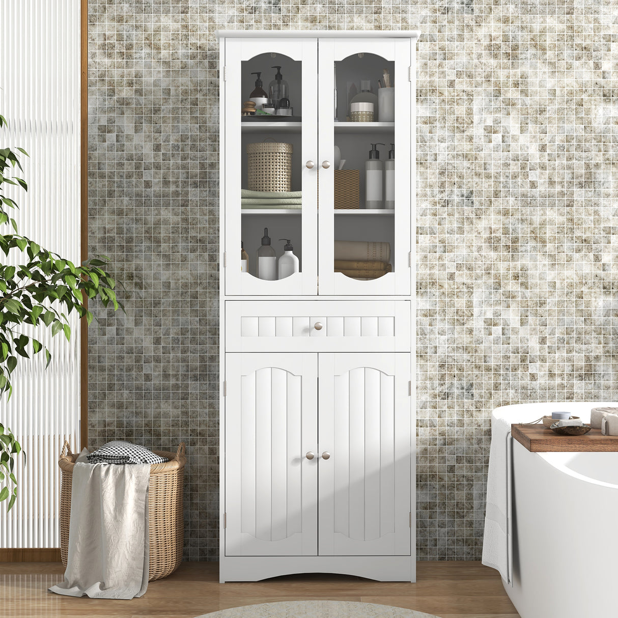 63 Inch Tall Bathroom Storage Cabinet with 2 Glass Doors and Adjustable Shelves