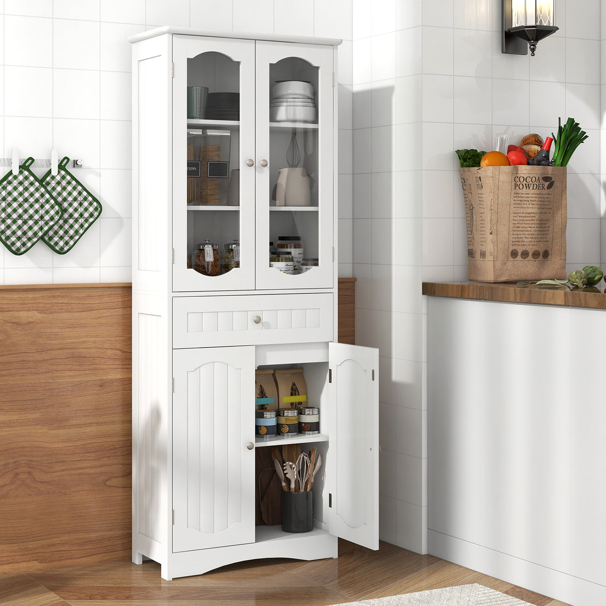 63 Inch Tall Bathroom Storage Cabinet with 2 Glass Doors and Adjustable Shelves