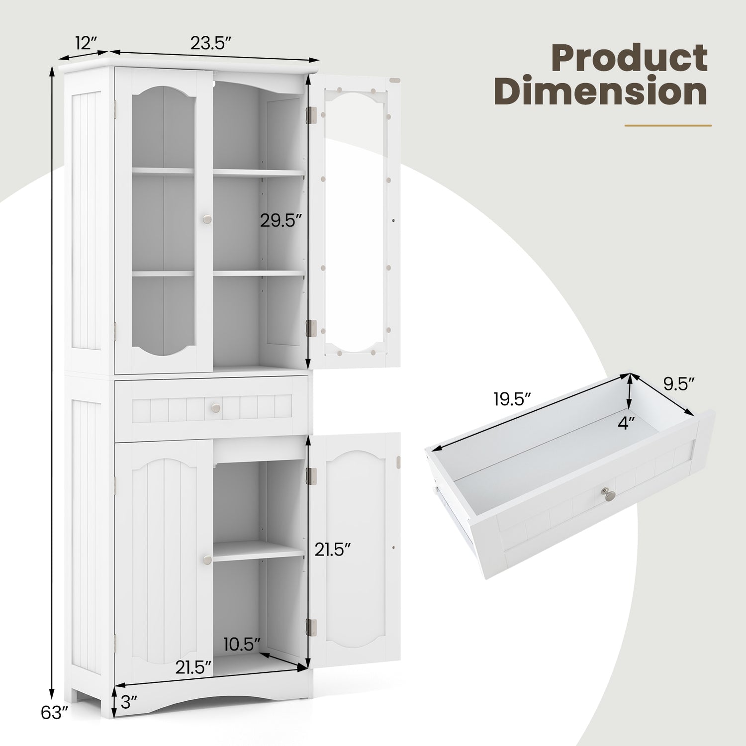 63 Inch Tall Bathroom Storage Cabinet with 2 Glass Doors and Adjustable Shelves