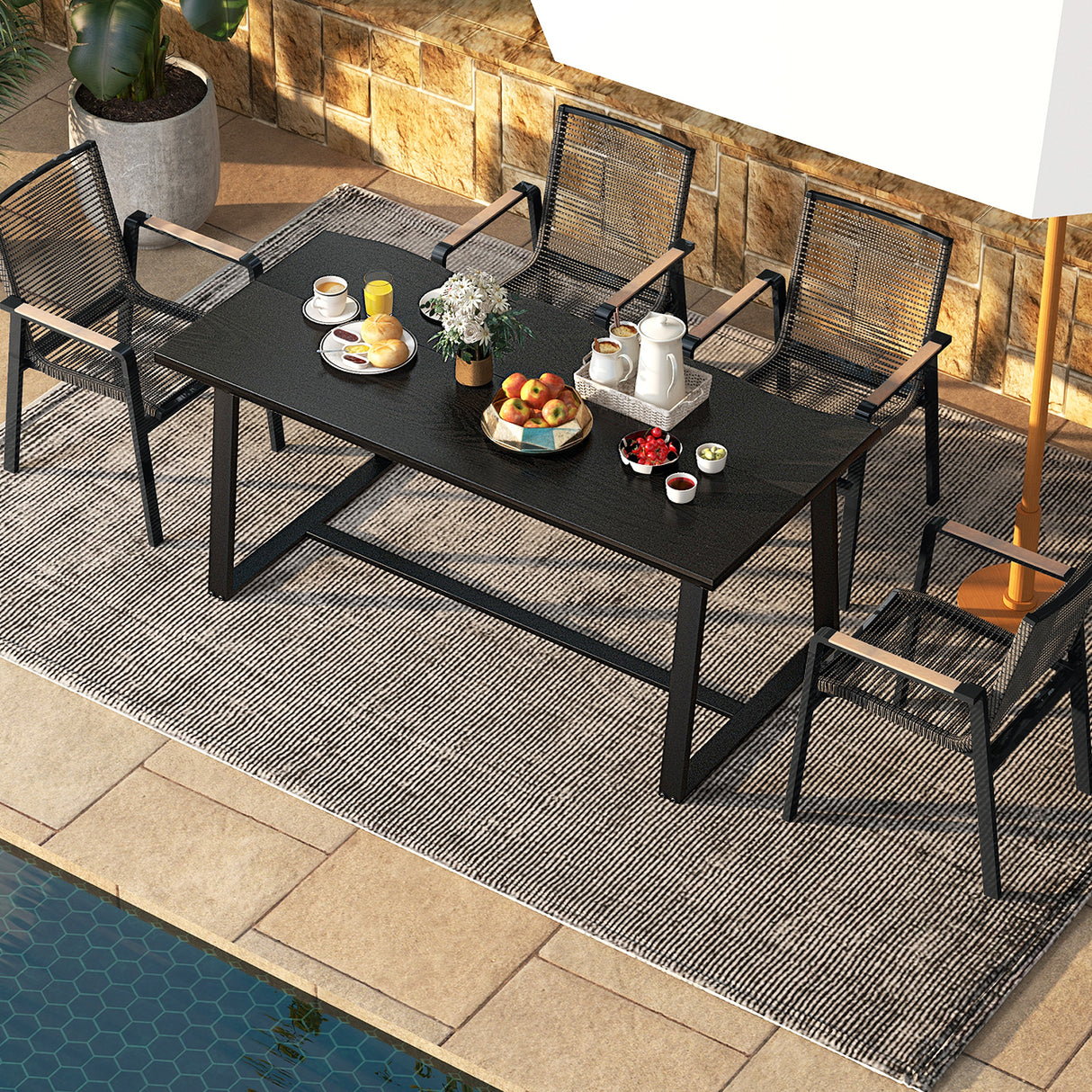 63" Large Dining Table with Wavy Edge and Heavy-duty Metal Frame
