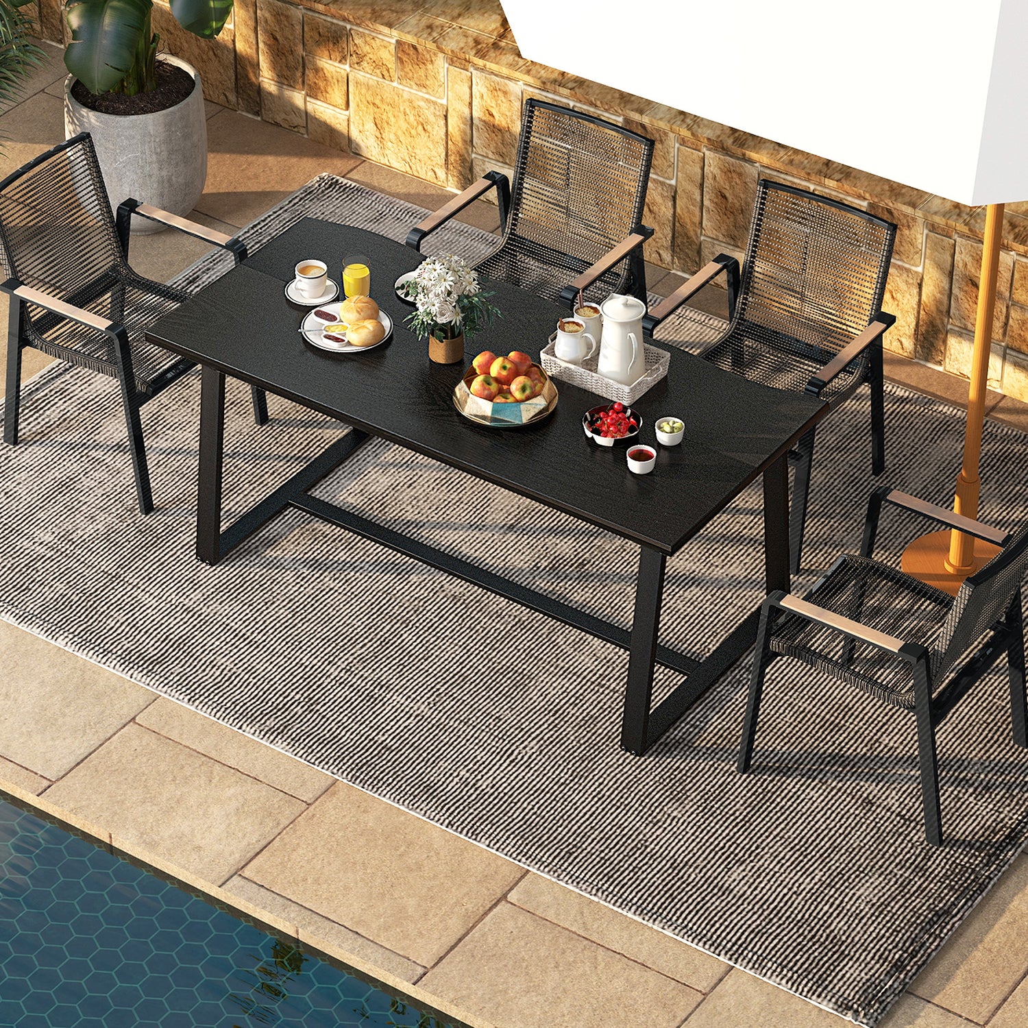 63" Large Dining Table with Wavy Edge and Heavy-duty Metal Frame