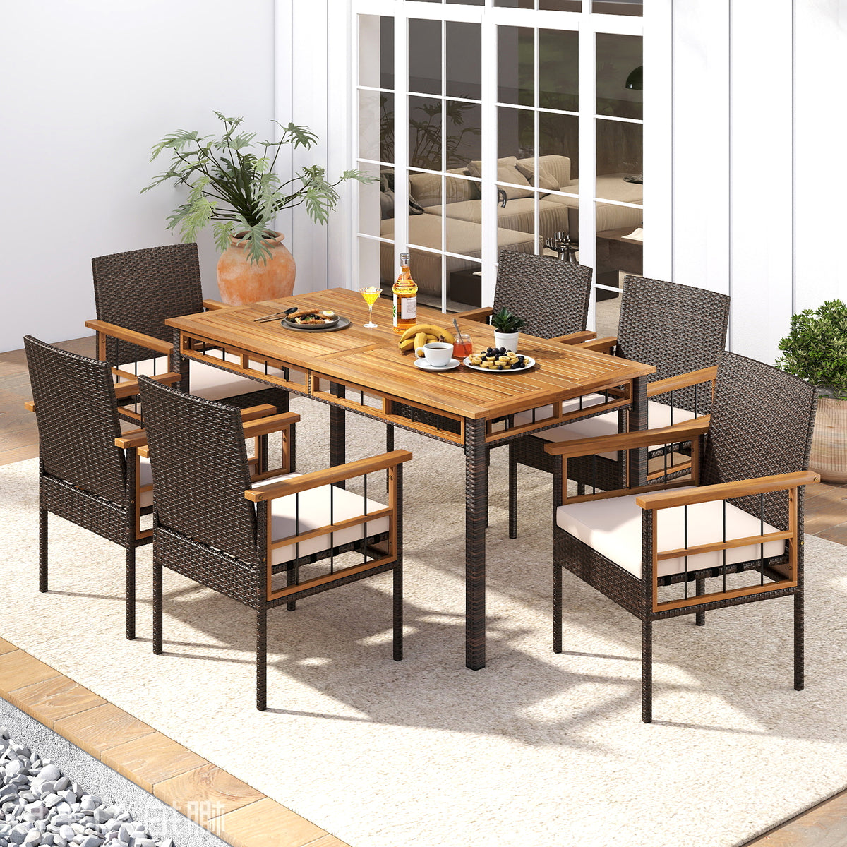 63" Outdoor Dining Table with Acacia Wood Slatted Tabletop
