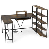 63" U-shaped Computer Desk with Power Outlets 5-Tier Bookshelf and Keyboard Tray