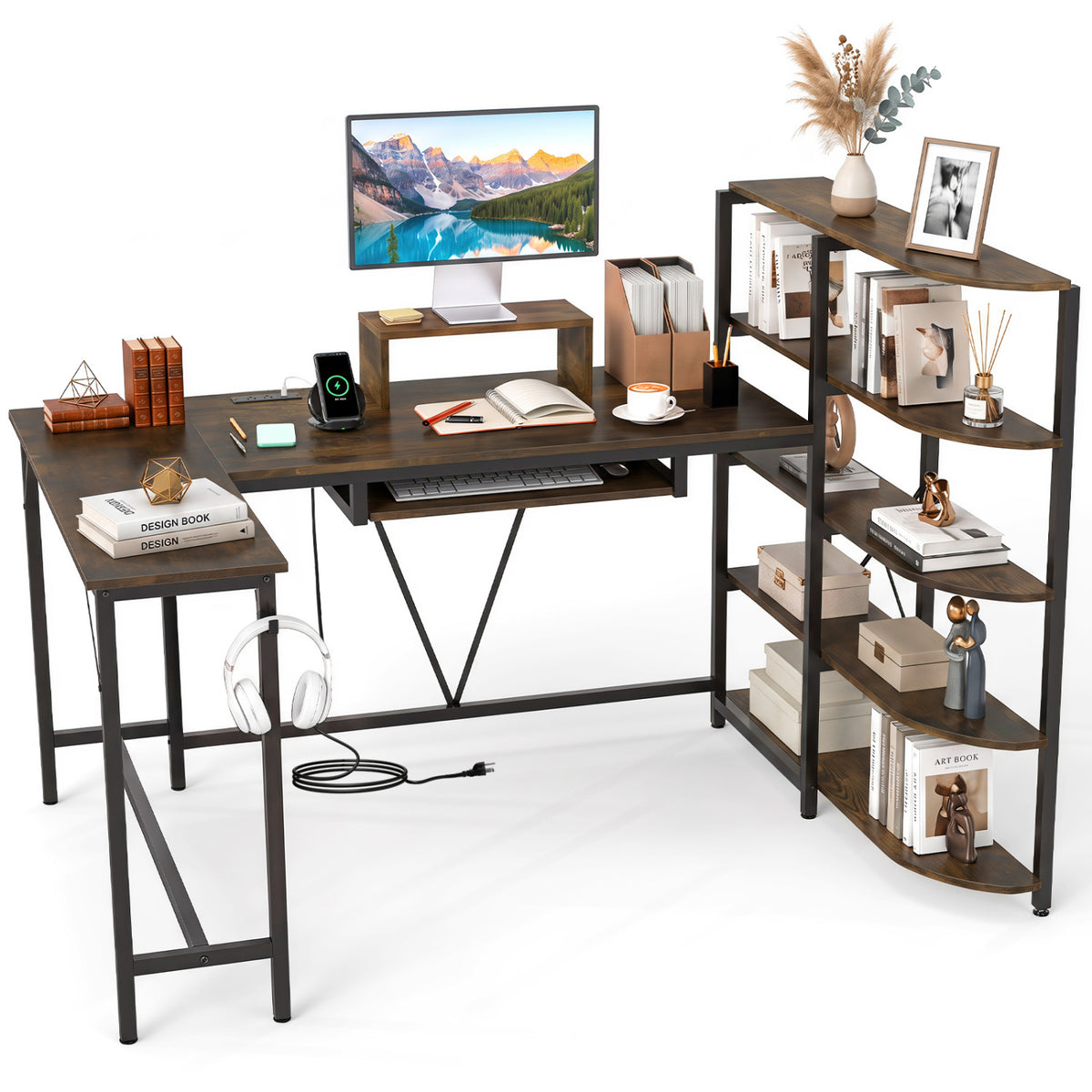 63" U-shaped Computer Desk with Power Outlets 5-Tier Bookshelf and Keyboard Tray