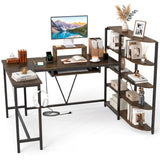63" U-shaped Computer Desk with Power Outlets 5-Tier Bookshelf and Keyboard Tray