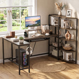 63" U-shaped Computer Desk with Power Outlets 5-Tier Bookshelf and Keyboard Tray