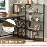 63" U-shaped Computer Desk with Power Outlets 5-Tier Bookshelf and Keyboard Tray