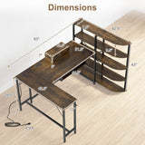 63" U-shaped Computer Desk with Power Outlets 5-Tier Bookshelf and Keyboard Tray