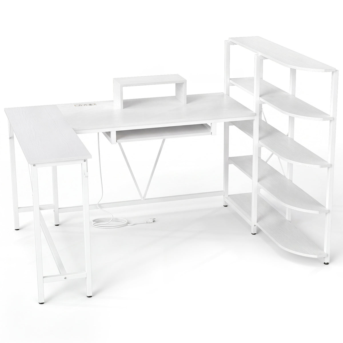 63" U-shaped Computer Desk with Power Outlets 5-Tier Bookshelf and Keyboard Tray
