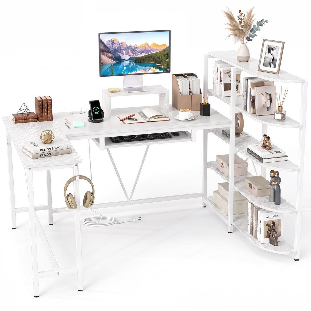 63" U-shaped Computer Desk with Power Outlets 5-Tier Bookshelf and Keyboard Tray