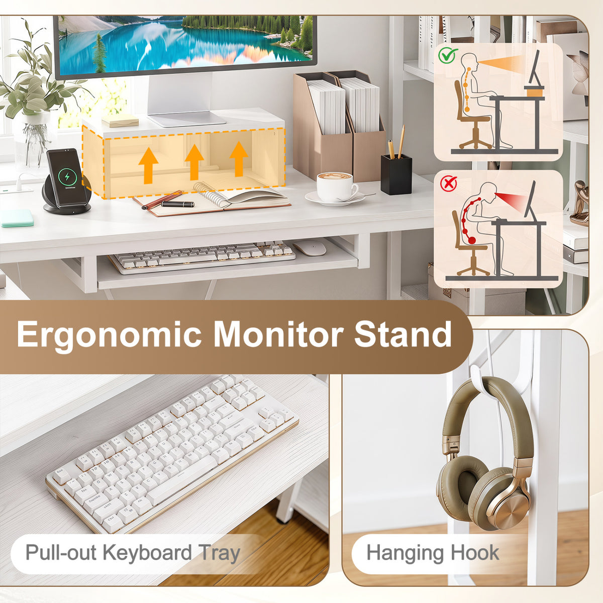 63" U-shaped Computer Desk with Power Outlets 5-Tier Bookshelf and Keyboard Tray