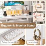 63" U-shaped Computer Desk with Power Outlets 5-Tier Bookshelf and Keyboard Tray