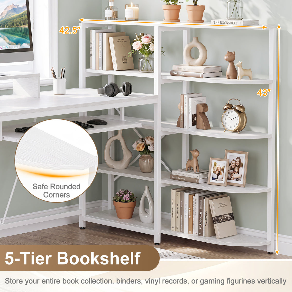 63" U-shaped Computer Desk with Power Outlets 5-Tier Bookshelf and Keyboard Tray