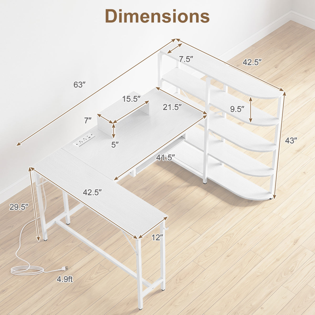 63" U-shaped Computer Desk with Power Outlets 5-Tier Bookshelf and Keyboard Tray