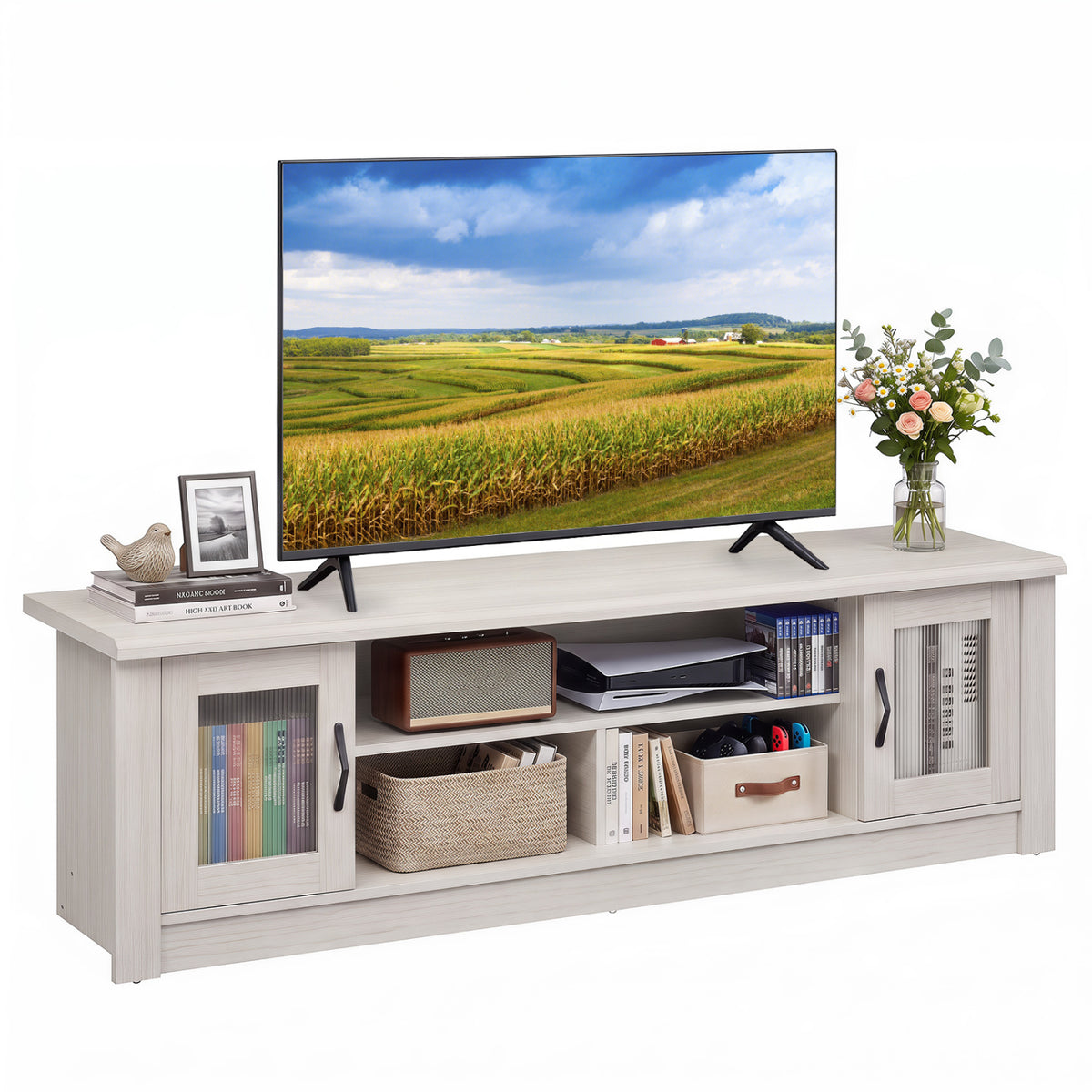 63â Wooden Farmhouse TV Stand for 70" TVs with 2 Fluted Doors and 3 Open Compartments