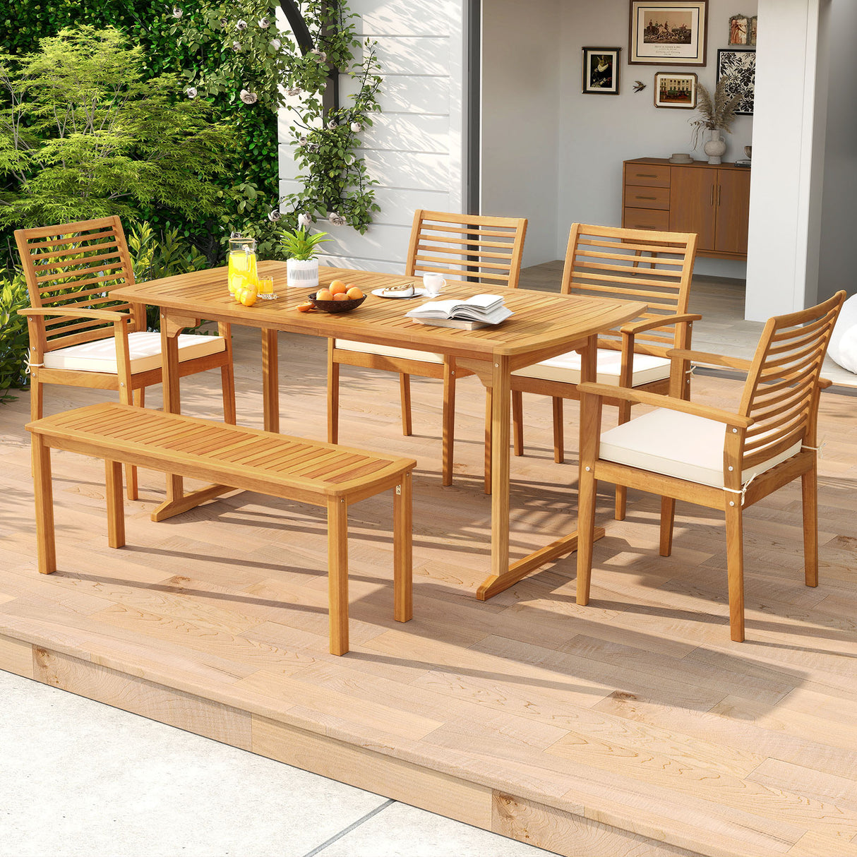63 inch Outdoor Dining Table with Umbrella Hole and Slatted Tabletop