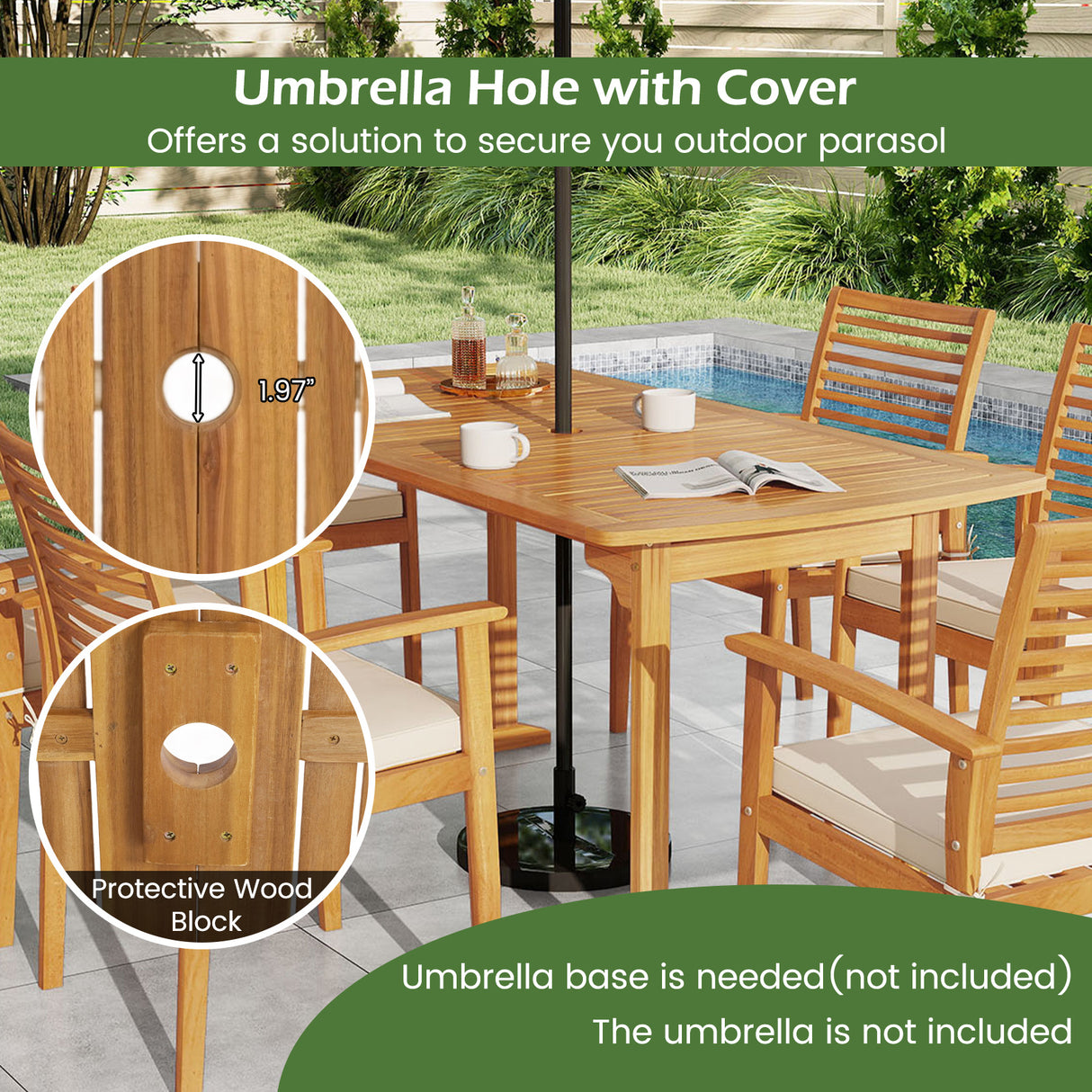 63 inch Outdoor Dining Table with Umbrella Hole and Slatted Tabletop