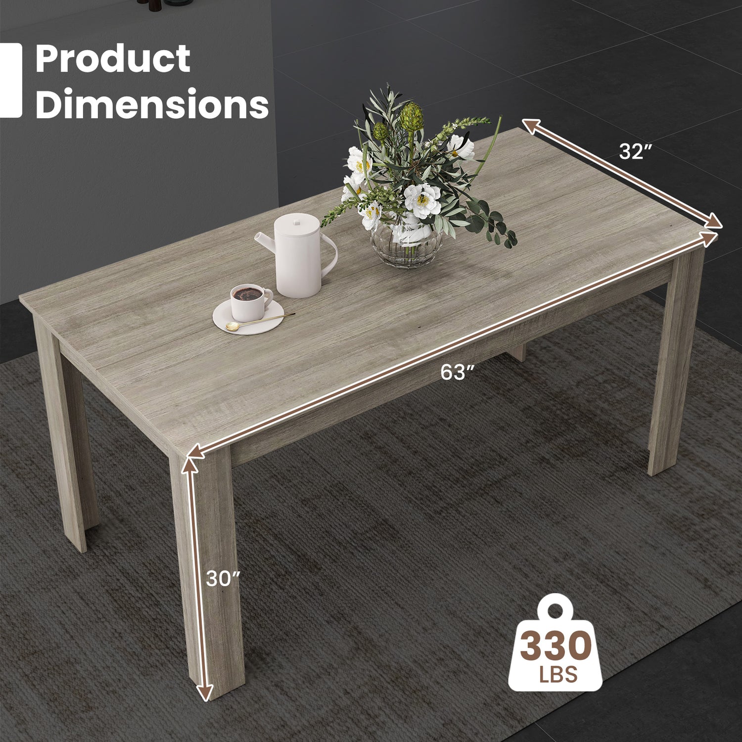 63 Inch Rectangular Modern Dining Kitchen Table for 6 People