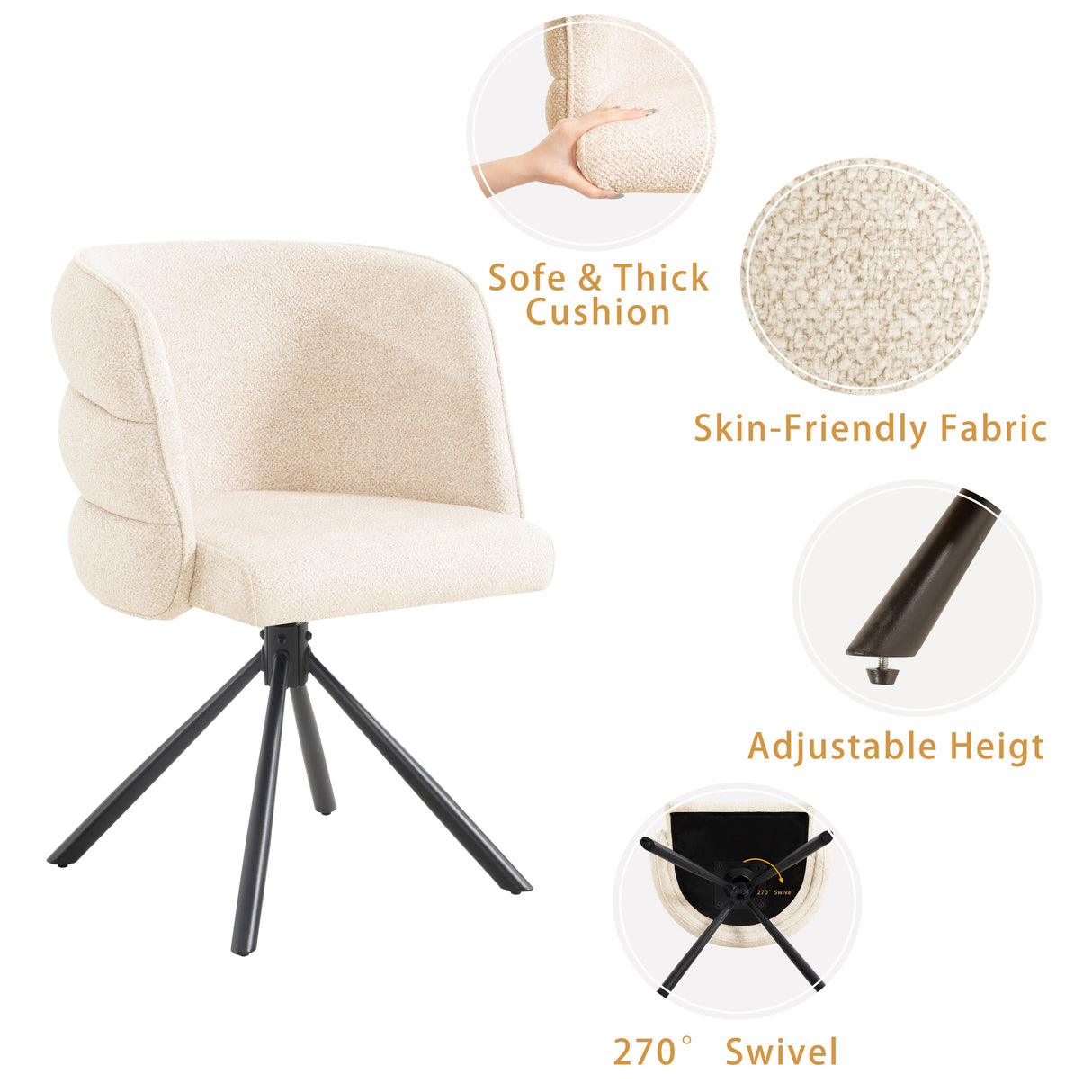 270° Swivel Home Office Desk Chairs Set of 2,Modern Dining Chairs, Upholstered Bedroom Chairs with Metal Base,Makeup Chair for Vanity, for Living Room, Bedroom,Study Room,Dining Room(Beige)