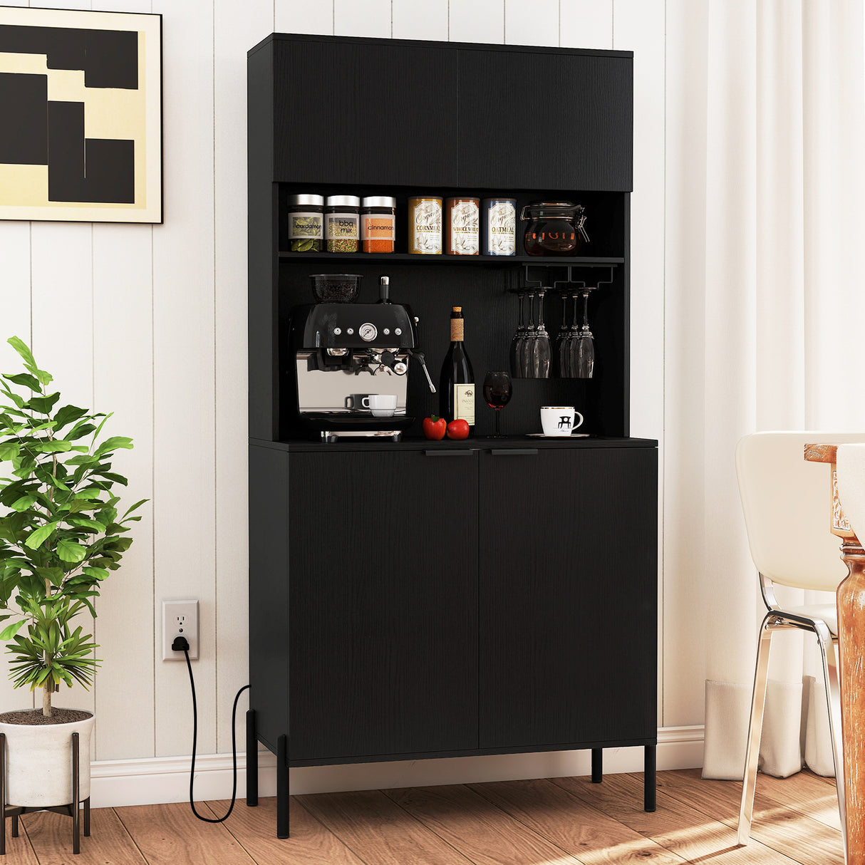 64.5 Inches Tall Kitchen Pantry Cabinet with Charging Station and Wine Glass Rack