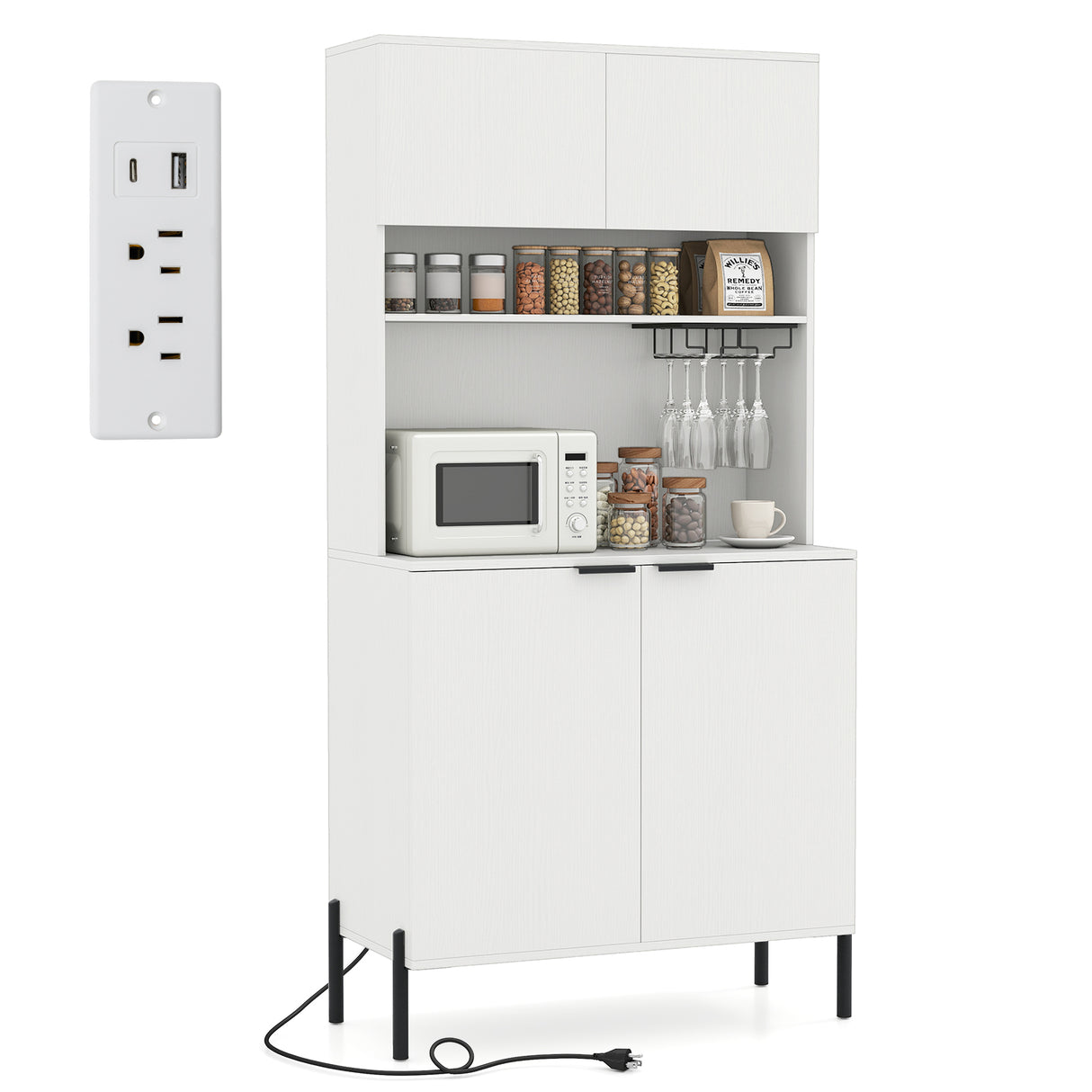 64.5 Inches Tall Kitchen Pantry Cabinet with Charging Station and Wine Glass Rack