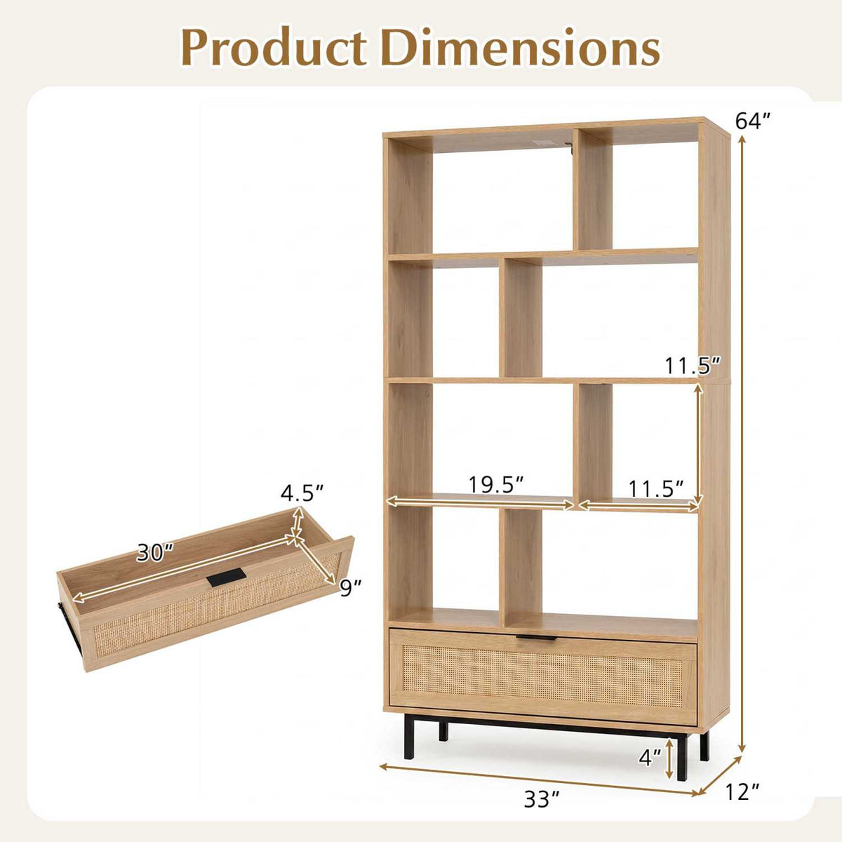 6-Tier Tall Wooden Bookcase with 8 Open Cubes