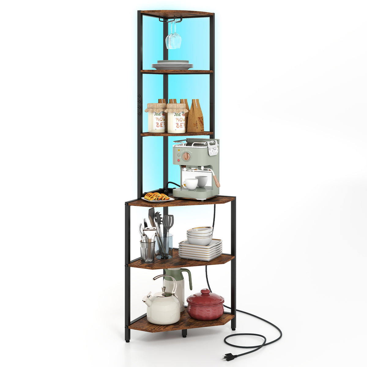 6-Tier Corner Shelf with Charging Station and Ambience Light
