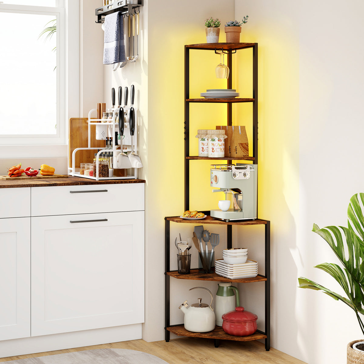 6-Tier Corner Shelf with Charging Station and Ambience Light