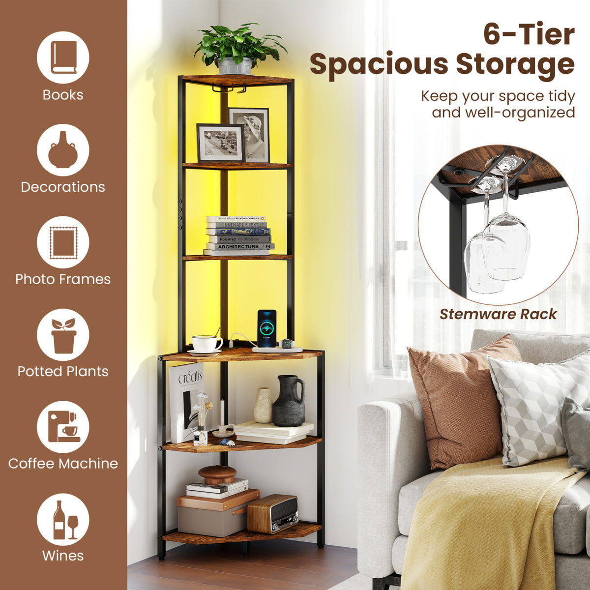 6-Tier Corner Shelf with Charging Station and Ambience Light