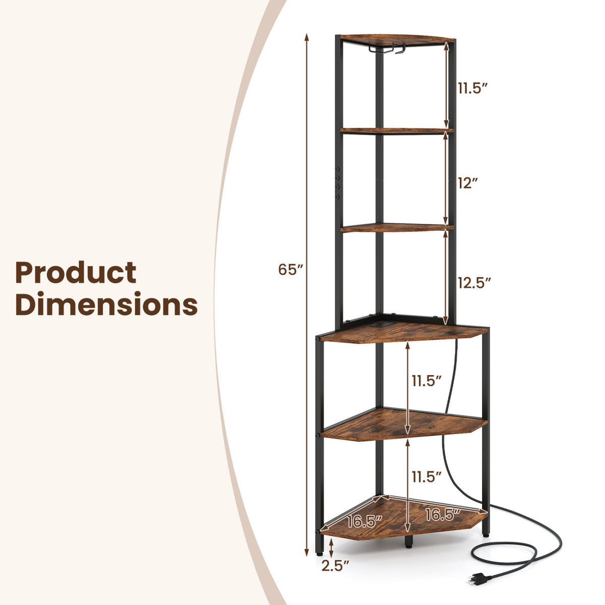 6-Tier Corner Shelf with Charging Station and Ambience Light