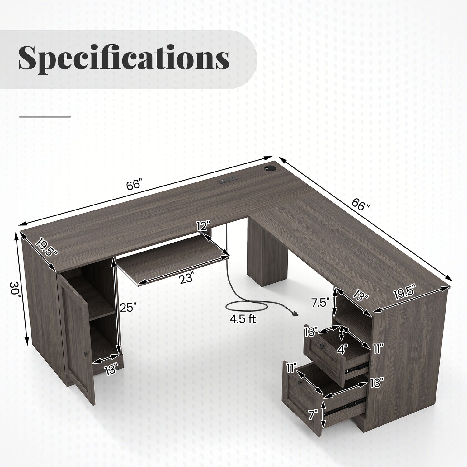 66 Inch L-Shaped Computer Desk