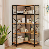 66" Tall 5-Tier L-Shaped Bookcase with Metal Frame for Living Room-Rustic Brown