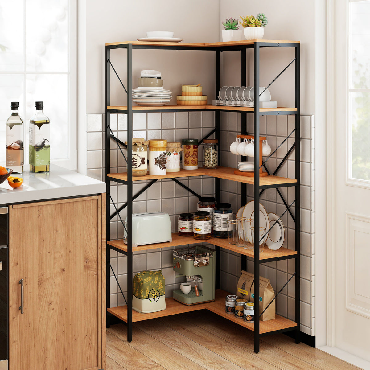 66" Tall 5-Tier L-Shaped Bookcase with Metal Frame for Living Room-Rustic Brown